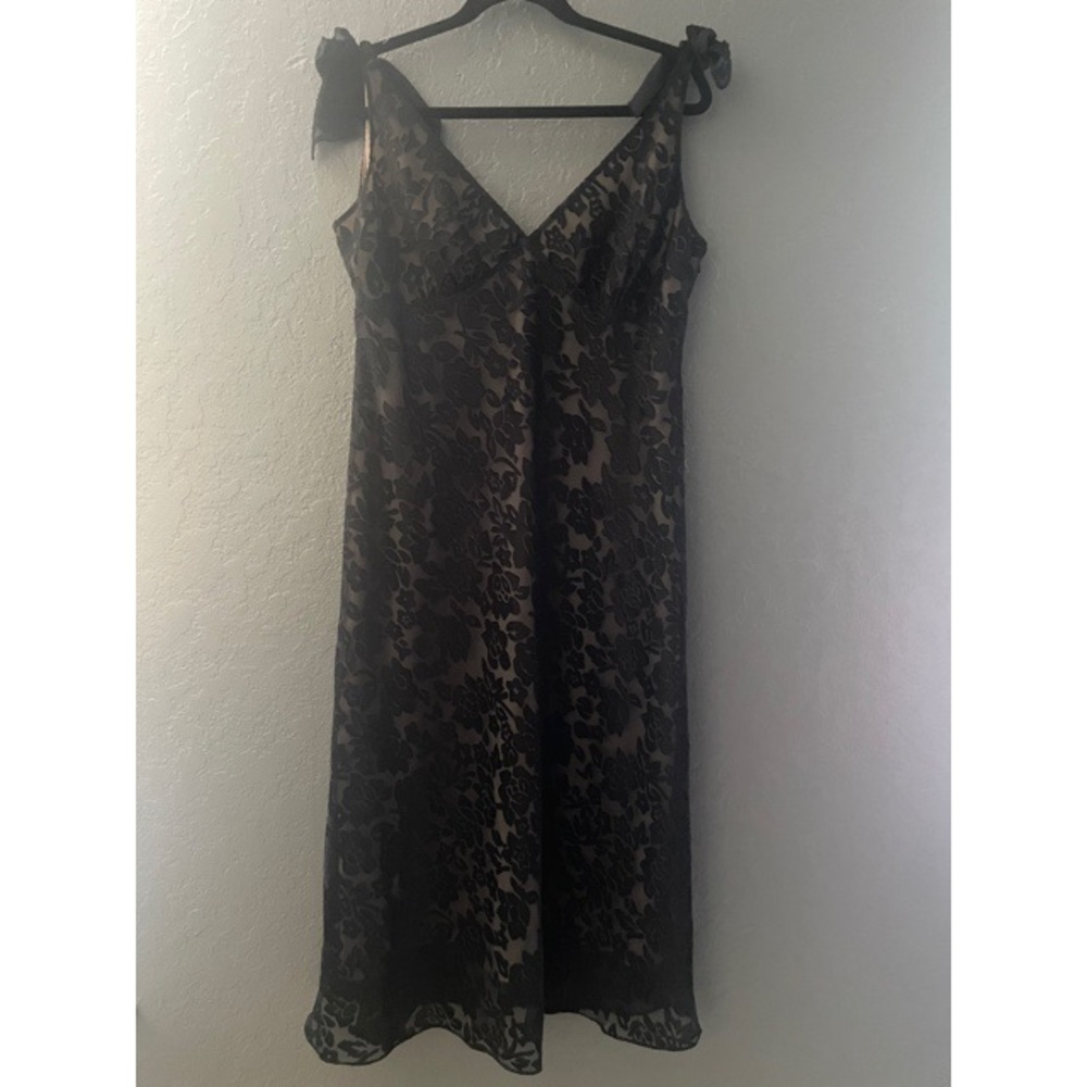 Evan Picone Black Floral Slip Midi Dress with Tie Straps